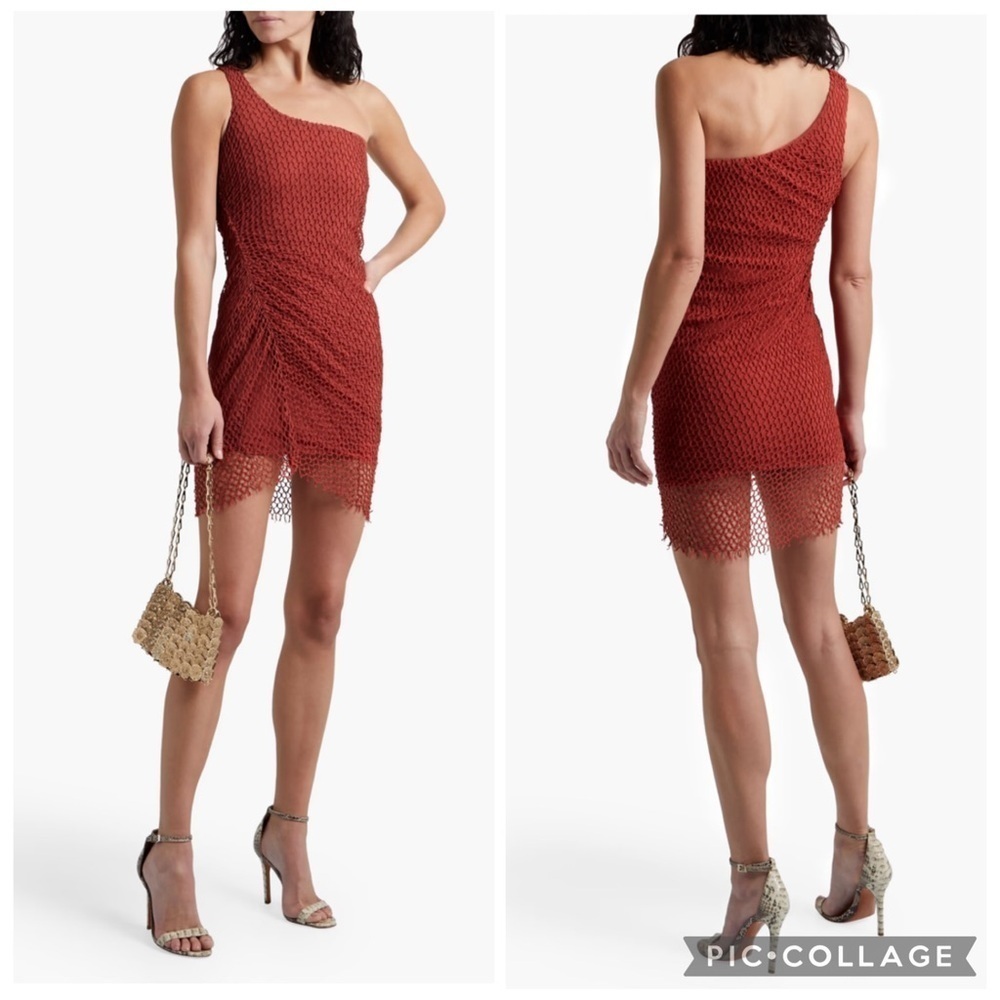 IRO Juney Brick Red One-Shoulder Crochet Mini Dress Sz 34/XS